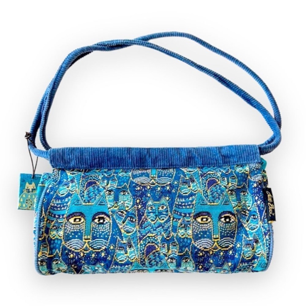 Laurel Burch Blue Metallic Embroidered Cat Purse Tote Corduroy Trimmed Satchel